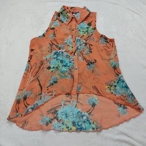 BODY CENTRAL WOMENS CORAL FLORAL PRINT SHEER SLEEVELESS BUTTONDOWN BLOUSE SIZE L